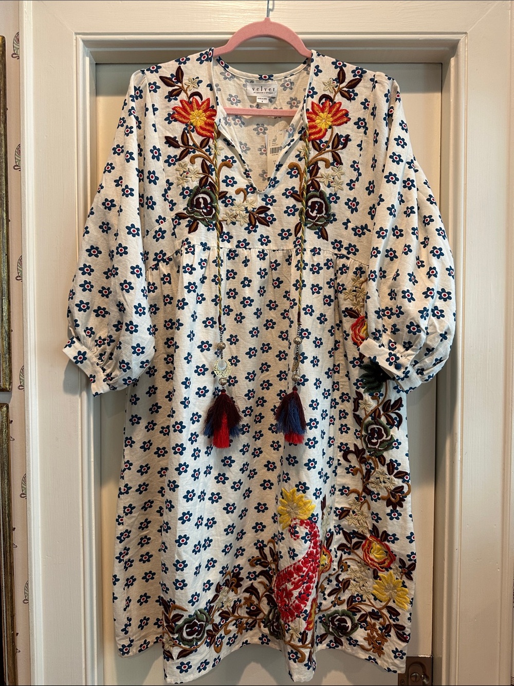 Velvet by Graham & Spencer Cream Dress with Multicolor Floral Embroidery
